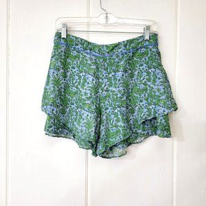 Anthropologie Simone Tiered Rayon Linen Shorts Green Botanical Print